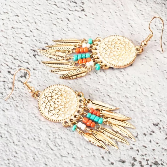 New Gold Beaded Dreamcatcher Fishhook Earrings - Picture 4 of 5